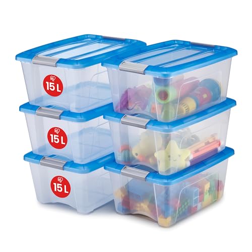 Iris Ohyama, Aufbewahrungsbox aus Kunststoff, 15 l Büro-Aufbewahrungsbox, 6er-Set, BPA-frei, NTB-15, blau, stapelbar, Verschlussclips – B39,5 x T29 x H18,5 cm von Iris Ohyama