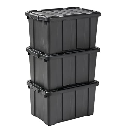 Iris Ohyama, Kunststoff-Aufbewahrungsbox, 50-Liter-Garage-Aufbewahrungsbox, 3er-Set, DDSKT 450, Schwarz, stapelbar, Verschlussclips ? B57,5 x T38 x H31,5 cm von Iris Ohyama