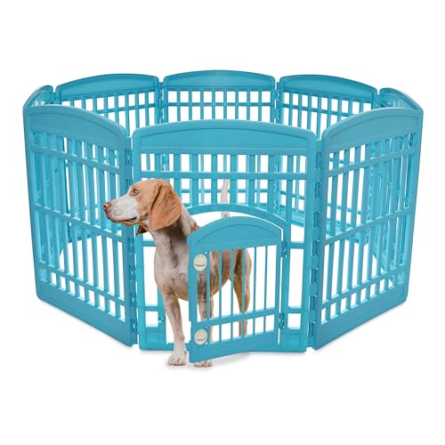 Iris Ohyama Welpenauslauf mit 8 Paneelen und abschließbarer Tür, H90cm, Blau, Katzengehege, Hundebox, Für Outdoor, Indoor, Welpenlaufstall, Hundezaun, Welpenzaun, Laufstall Hund, CI-908 von Iris Ohyama