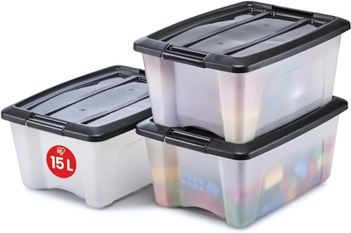 Iris Ohyama, Aufbewahrungsbox aus Kunststoff, 15 l Büro-Aufbewahrungsbox, 3er-Set, BPA-frei, NTB-15, Schwarz, stapelbar, Verschlussclips ? B39,5 x T29 x H18,5 cm von Iris Ohyama