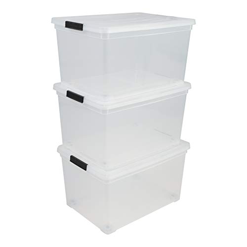 Iris Ohyama, Aufbewahrungsbox aus Kunststoff, 50 l Büro-Aufbewahrungsbox, 3er-Set, NCS-320, transparent, stapelbar, Verschlussclips ? B54 x T39,5 x H30,5 cm von Iris Ohyama