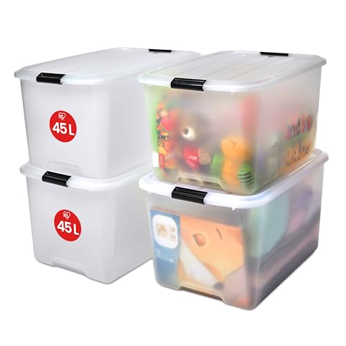 Iris Ohyama, 4er-Set, Aufbewahrungsboxen, 45 L, mit Clips, stapelbar, Wohnzimmer, Schlafzimmer, Garage - Top Box TB-45 - Transparent von Iris Ohyama