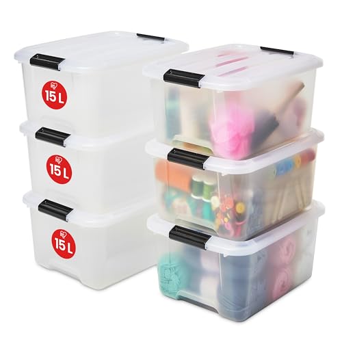 Iris Ohyama, 6er-Set, Aufbewahrungsboxen, 15 L, mit Clips, stapelbar, Wohnzimmer, Schlafzimmer, Garage - Top Box TB-15 - Transparent von Iris Ohyama