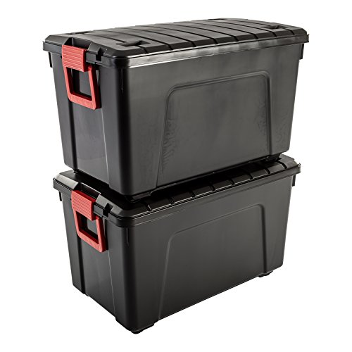 Iris Ohyama, große Kunststoff-Aufbewahrungsbox, 110 l Garagen-Aufbewahrungsbox, 2er-Set, SIA-110, schwarz, stapelbar, Verschlussklammern – B75 x T44,5 x H45 cm von Iris Ohyama