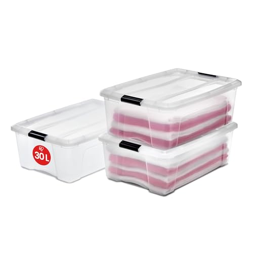 Iris Ohyama, 3er-Set, Aufbewahrungsboxen, 30 L, mit Clips, stapelbar, Wohnzimmer, Schlafzimmer, Garage - New Top Box NTB-30 - Transparent von Iris Ohyama