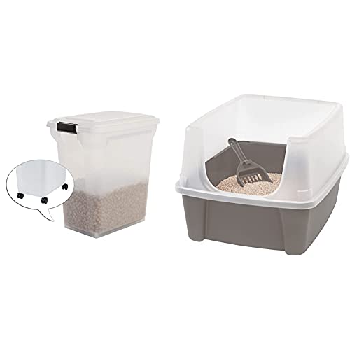 Iris Ohyama, Tierfutter-Tonne, rollbar, 45l weiß, ausreichend für 15kg Futter, 34 x 46 x 50,5 cm & Ohyama, Katzenklo/Katzentoilette mit hohem Rand, Eingangshöhe: 15 cm von Iris