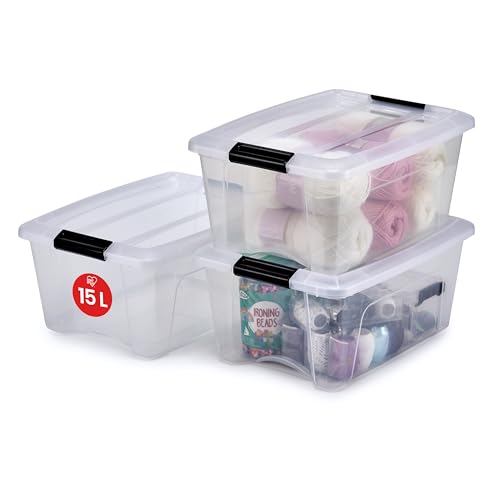 Iris Ohyama, 3er-Set, Aufbewahrungsboxen, 15 L, mit Clips, stapelbar, Wohnzimmer, Schlafzimmer, Garage - New Top Box NTB-15 - Transparent von Iris Ohyama