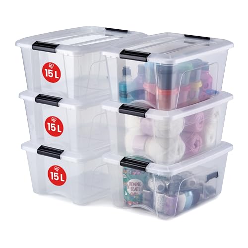 Iris Ohyama, 6er-Set, Aufbewahrungsboxen, 15 L, mit Clips, stapelbar, Wohnzimmer, Schlafzimmer, Garage - New Top Box NTB-15 - Transparent von Iris Ohyama