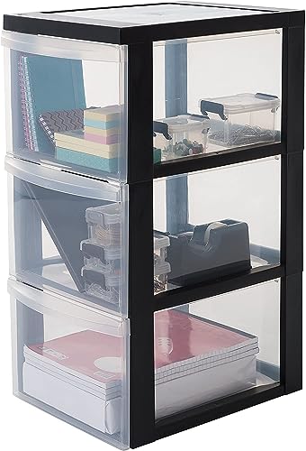 Iris Ohyama, A4 Schubladenbox, 3 transparente Schreibtischschubladen 15L, mit Rollen, DC-303, für Büro, Wohnzimmer, Kinderzimmer, Kunststoff, Schwarz- B29 x T40 x H61.5 cm von IRIS OHYAMA