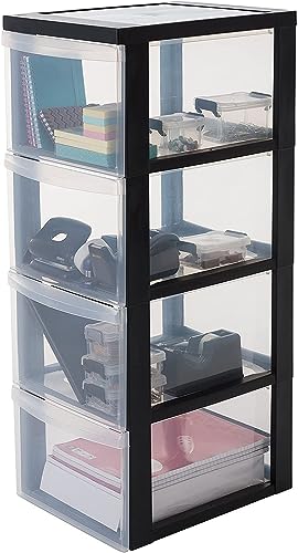 Iris Ohyama, A4 Schubladenbox, 4 Schubladen transparente Schreibtischaufbewahrung 15L, mit Rädern, DC-304, für Büro, Wohnzimmer, Kinderzimmer, Kunststoff, Schwarz - B29 x T40 x H81 cm von Iris Ohyama