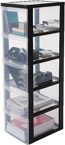 Iris Ohyama, A4 Schubladenbox, 5 Schubladen transparenter Schreibtisch 15L, mit Rollen, DC-305, für Büro, Wohnzimmer, Kinderzimmer, Kunststoff, Schwarz- B29 x T40 x H100.5 cm von Iris Ohyama