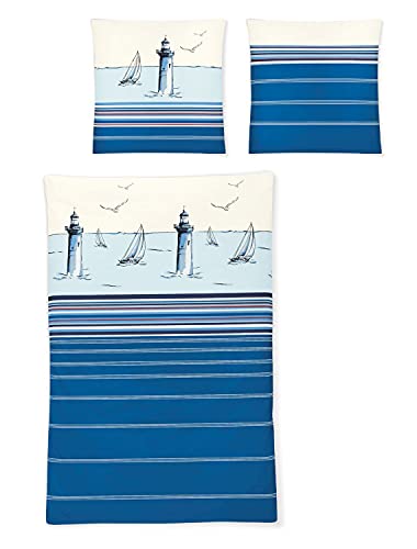 Irisette 8705-20 Bettwäsche Mako-Satin Smart, Blau, Leuchtturm Maritim 135 x 200 cm + 80 x 80 cm von Irisette