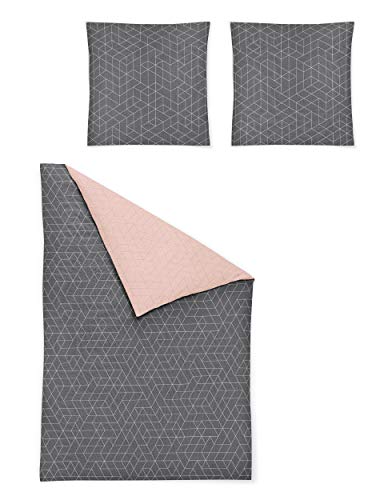 Irisette Biber Bettwäsche-Set 135x200 2tlg grau rosa 2 teilige Wende-Bettwäsche Kissen 80x80 cm Geometrisches Muster von Irisette