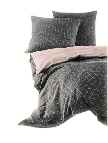 Irisette Biber Bettwäsche-Set 135x200 2tlg grau rosa 2 teilige Wende-Bettwäsche Kissen 80x80 cm Geometrisches Muster von Irisette