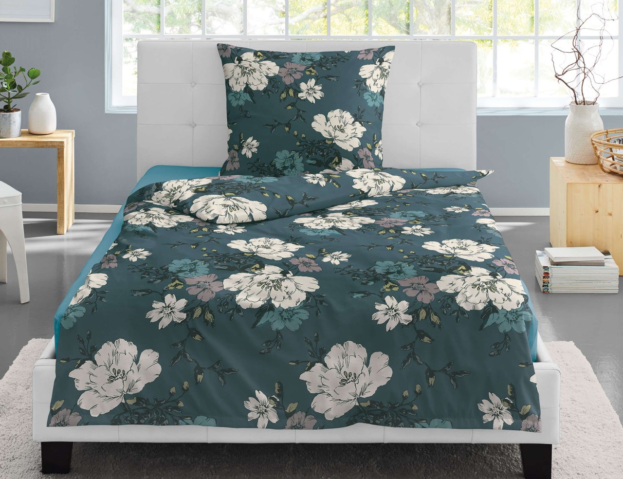 Irisette Eos Mako-Satin Bettwäsche 135x200 Blumen Rosen Blüten petrol 8287-21 von Irisette