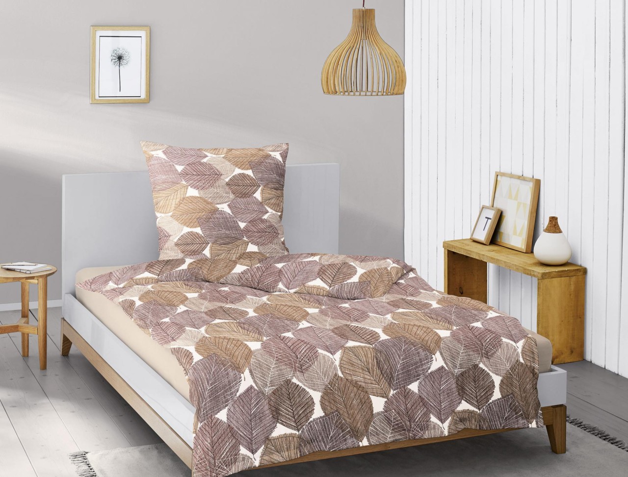 Irisette Feinbiber Bettwäsche Koala 135x200 Blätter taupe ziegel gold 8393-50 von Irisette