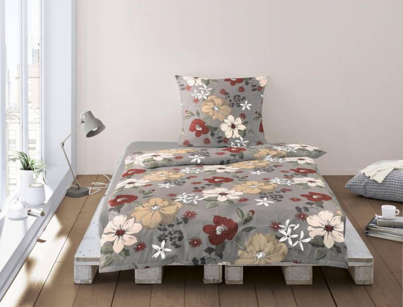 Irisette Feinbiber Bettwäsche Koala 155x220 Blumen rot puder grau 8408-60 von Irisette GmbH & Co. KG