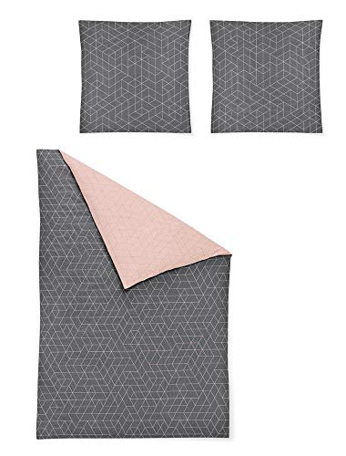 Irisette Mako Satin Bettwäsche 155x220 2tlg grau rosa | Bettwäsche-Set aus 100% Baumwolle | 2 teilige Wende-Bettwäsche 155x220 cm & Kissen 80x80 cm | Geometrisches Muster von Irisette