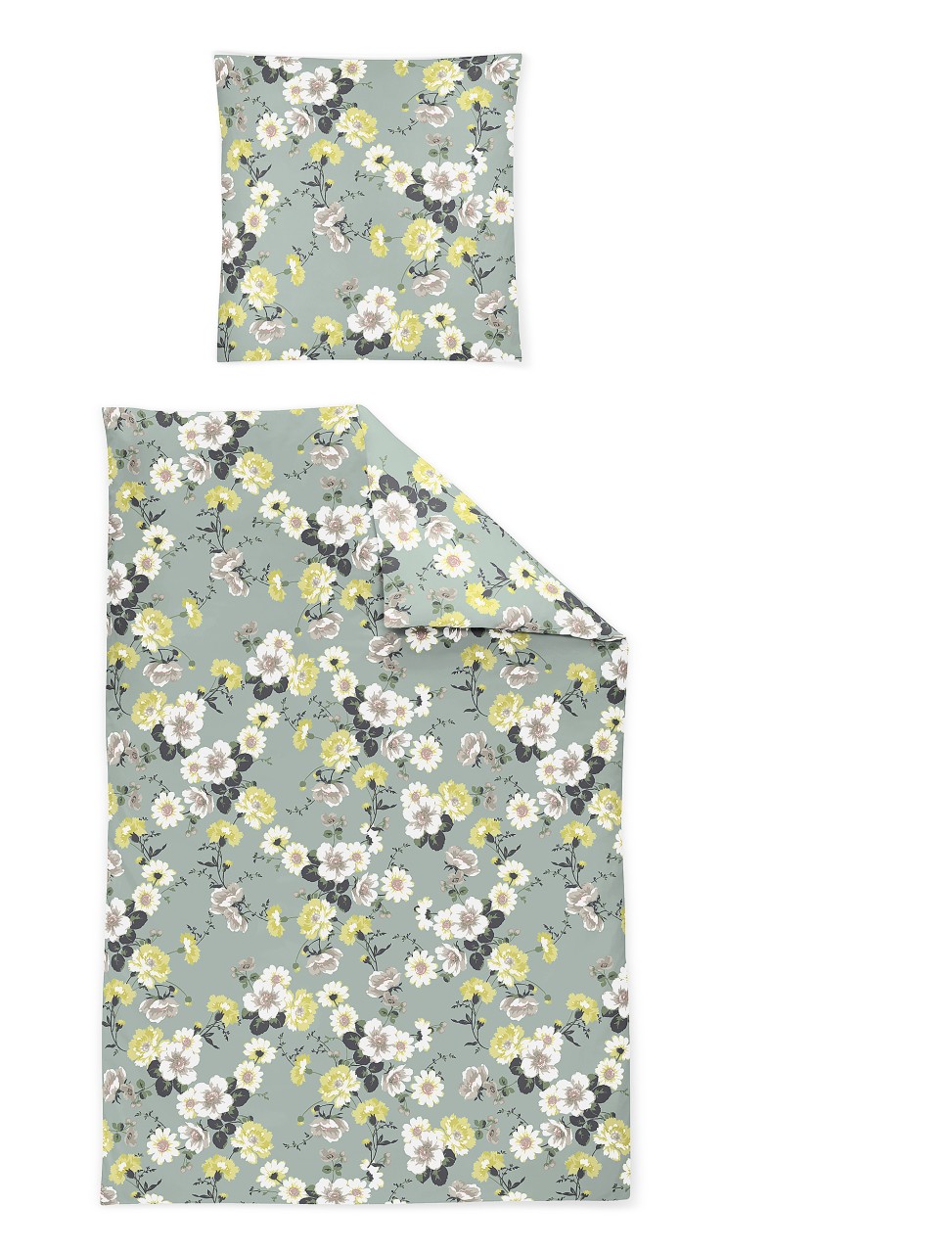 Irisette Sky Mako-Satin Bettwäsche 135x200 Blüten Blumen jade gelb weiß 8378-30 von Irisette