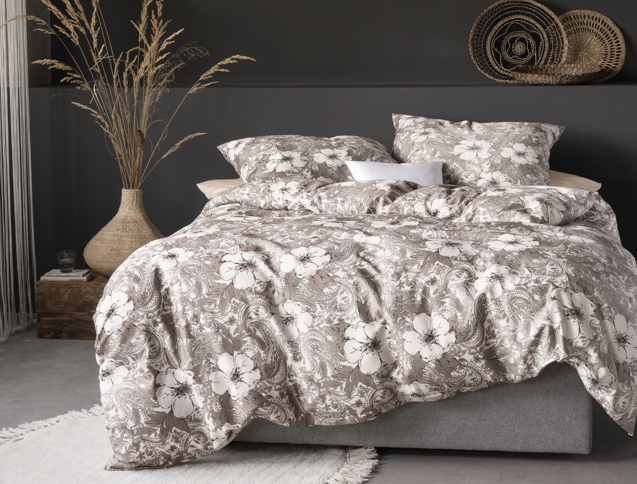 Irisette Sky Mako-Satin Bettwäsche 135x200 Paisley Blüten taupe natur 8459-80 von Irisette