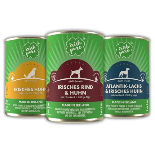 Irish Pure Premium Nassfutter für Hunde | Gemischt 3X 390g | Atlantik-Lachs, Weiderind, Huhn | Vitamine | Getreidefrei | Sensitiv | mit Superfood Kelp-Alge | Nassfutter für alle Rassen Irish Pure Premium Nassfutter für Hunde | Gemischt 3X 390g | Atlantik-Lachs, Weiderind, Huhn | Vitamine | Getreidefrei | Sensitiv | mit Superfood Kelp-Alge | Nassfutter für alle Rassen von Irish Pure