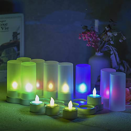 Irishom LED Kerzen Farbig 12 Stück Flammenlose Kerzen Teelichter mit Mattierten Tassen USB Wiederaufladbarer für Weihnachtsfeste Hochzeitsfeier Dekoration von Irishom
