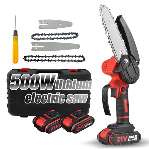 Irishom Mini Kettensäge 4 Zoll 6 Zoll Tragbare Kettensäge mit Sicherheitsverriegelung, 2 Ketten, 21 V, wiederaufladbar, Batteriebetrieben, Drahtlose Elektro-Kettensäge von Irishom