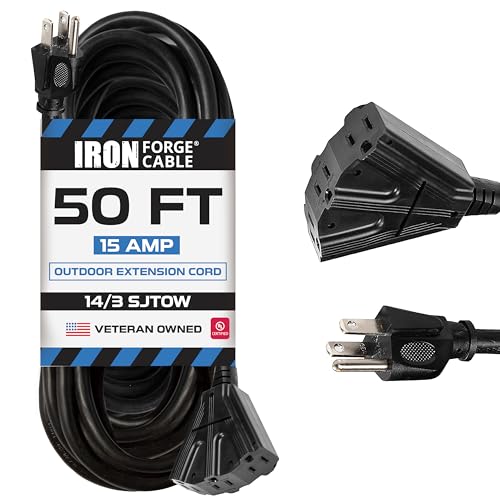 50 Ft Black Oil Resistant Extension Cord with 3 Electrical Power Outlets for Farms and Ranches - 14/3 SJTOW Heavy Duty Outdoor Cable with 3 Prong Grounded Plug for Safety 50 Ft Black Oil Resistant Extension Cord with 3 Electrical Power Outlets for Farms and Ranches - 14/3 SJTOW Heavy Duty Outdoor Cable with 3 Prong Grounded Plug for Safety von Iron Forge Cable