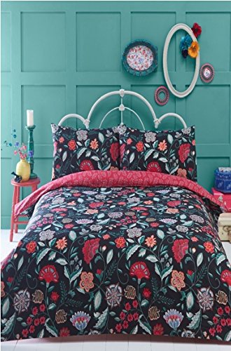 Irvine Doppelbett Bettdeckenbezug und 2 Kopfkissenbezüge Set Bettwäsche, Bettwäsche-Set, schwarz, rot, Blumen, Retro, Schwarz von Irvine