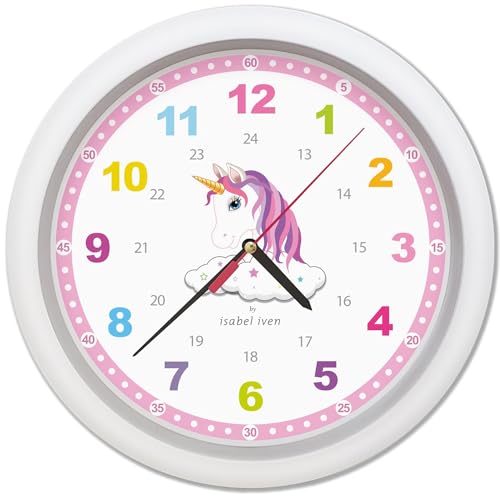 Isabel Iven® Designer Wanduhr Kinder mit Einhorn - Lautlose farbenfrohe Kinderwanduhr, Durchmesser 30 cm, Einfache Aufhängung, Wanduhr für Jungen und Mädchen, Lernuhr für Kinder von Designerin von Isabel Iven