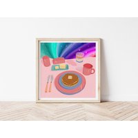 Frühstück Der Träume Druck, Einzigartiger Stillleben Pfannkuchen Wandkunst, Küche Wohndeko, Regenbogen Kunstdruck, Food von IsabellaFayArts