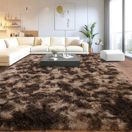 Rutschfester Plüsch-Teppich für Wohnzimmer, weiche zottelige Teppiche für Wohnzimmer, flauschige Teppiche für Kinderzimmer, perfekte Dekoration für modernes Zuhause, Batik-Kaffee, 2,4 x 3 m von Isdook