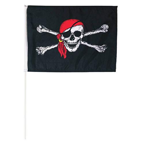 Isideco Schwarze Fahne Pirat weißer Totenkopf mit rotem Tuch 30x40cm mit Stab von Isideco