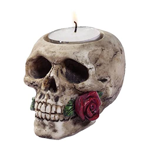 Teelichthalter Totenkopf mit Rose im Mund von Isideco