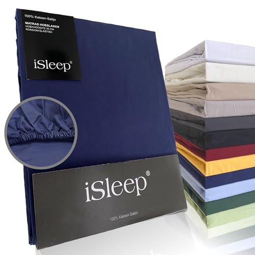iSleep Spannbettlaken Luxus Satin 100% Baumwolle (dunkelblau, 140x200 cm) von Isleep
