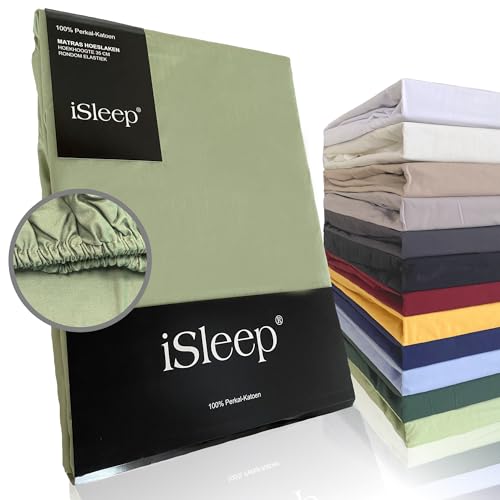 iSleep Spannbettlaken Perkal 100% Baumwolle (Hellgrün, 180x210 cm) von Isleep