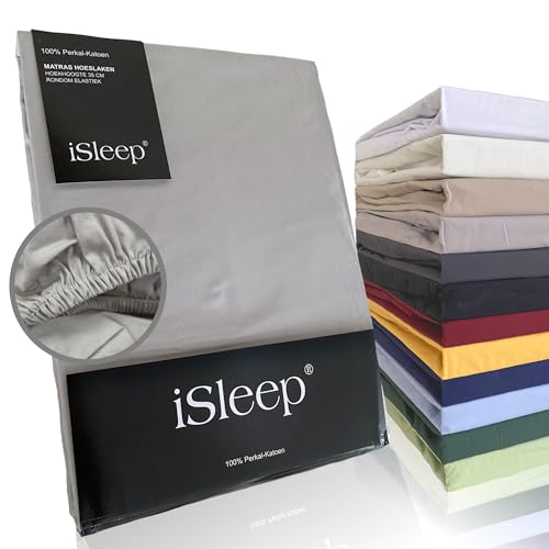 iSleep Spannbettlaken Perkal 100% Baumwolle (Silber, 180x210 cm) von Isleep
