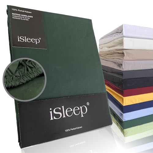 iSleep Spannbettlaken Perkal 100% Baumwolle (dunkelgrün, 180x220 cm) von Isleep