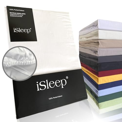 iSleep Spannbettlaken Perkal 100% Baumwolle (weiß, 160x220 cm) von Isleep