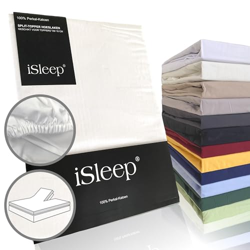 iSleep Split Topper Spannbettlaken Perkal 100% Baumwolle (Weiß, 180x200 cm) von Isleep