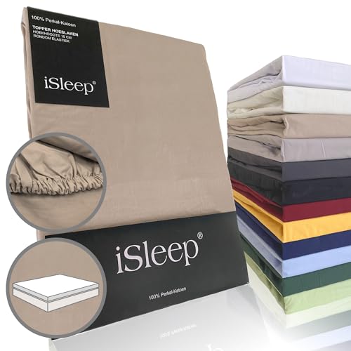 iSleep Topper Spannbettlaken Perkal 100% Baumwolle (Medium Beige, 180x220 cm) von Isleep