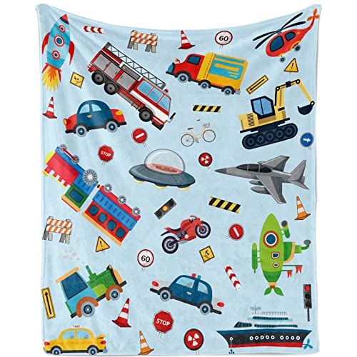 Isndare Bagger Decke Fahrzeug Kuscheldecke, Fahrzeug Geschenke für Jungen Geburtstag, Weich Plüsch Blau LKW Autos Flanell Fleece Kuscheldecke Wohndecke für Jugendliche Sofa Couch Decke, 130x150cm von Isndare