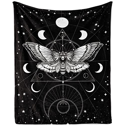 Isndare Motte Decke, Weich Flauschig Boho Motte Kuscheldecke, Plüsch Gothic Totenkopf Wohndecke Nachtfalter Decke mit Geometrisches Sonne Mond Muster Fleece Decke für Sofadecke Couch Decke, 130x150cm von Isndare