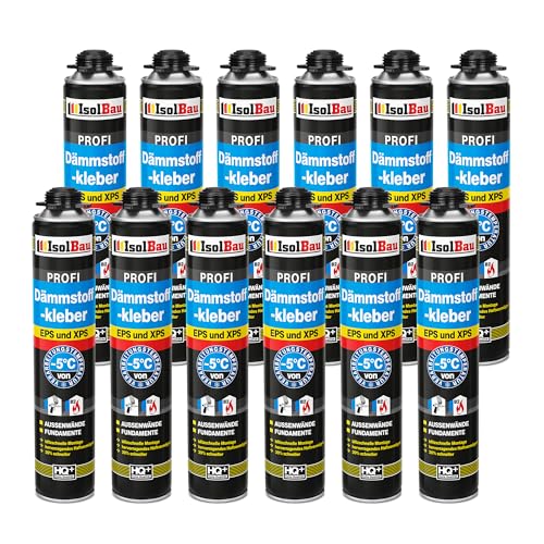 Isolbau B2 Dämmstoffkleber - 12 x 750 ml Perimeterkleber für EPS- & XPS-Platten - 1K PU-Klebeschaum für Fixieren & Befestigen von Isolbau