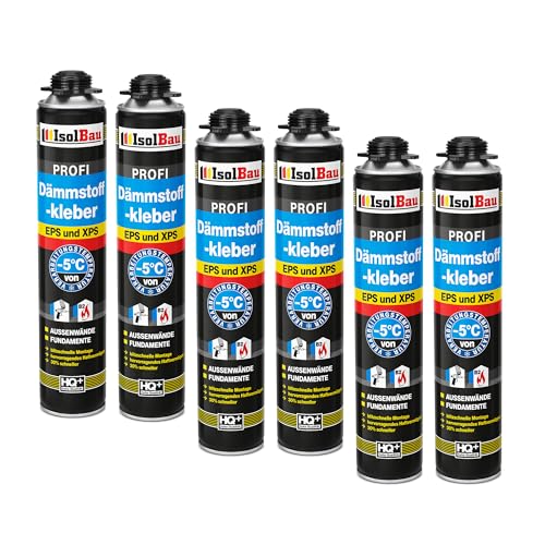 Isolbau B2 Dämmstoffkleber - 6 x 750 ml Perimeterkleber für EPS- & XPS-Platten - 1K PU-Klebeschaum für Fixieren & Befestigen von Isolbau