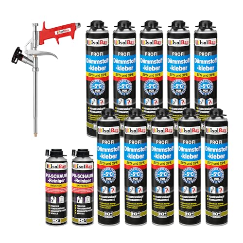 Isolbau B2 Dämmstoffkleber SET - 10 x 750 ml Perimeterkleber, 2 x PU-Schaum-Reiniger & 1x Schaumpistole für EPS & XPS-Platten - 1K PU-Klebeschaum für Fixieren & Befestigen von Isolbau