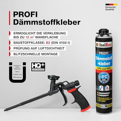 Isolbau B2 Dämmstoffkleber SET - 15 x 750 ml Perimeterkleber, 2 x PU-Schaum-Reiniger & 1x Schaumpistole für EPS & XPS-Platten - 1K PU-Klebeschaum für Fixieren und Dämmung von Isolbau