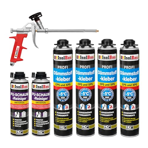 Isolbau B2 Dämmstoffkleber SET - 4 x 750 ml Perimeterkleber, 2 x PU-Schaum-Reiniger & 1x Schaumpistole für EPS & XPS-Platten - 1K PU-Klebeschaum für Fixieren & Befestigen Isolbau B2 Dämmstoffkleber SET - 4 x 750 ml Perimeterkleber, 2 x PU-Schaum-Reiniger & 1x Schaumpistole für EPS & XPS-Platten - 1K PU-Klebeschaum für Fixieren & Befestigen von Isolbau