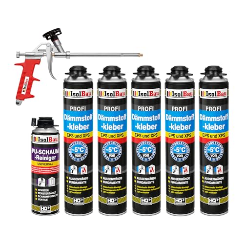 Isolbau B2 Dämmstoffkleber SET - 5 x 750 ml Perimeterkleber, 1 x PU-Schaum-Reiniger & 1x Schaumpistole für EPS & XPS-Platten - 1K PU-Klebeschaum für Dämmung und Isolieren von Isolbau