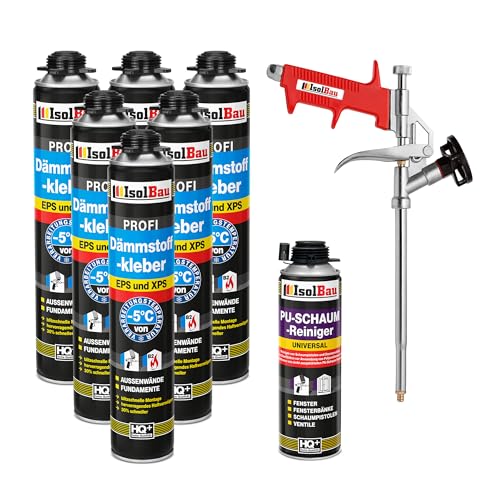 Isolbau B2 Dämmstoffkleber SET - 6 x 750 ml Perimeterkleber, 1 x PU-Schaum-Reiniger & 1x Schaumpistole für EPS & XPS-Platten - 1K PU-Klebeschaum für Dämmung und Isolieren von Isolbau